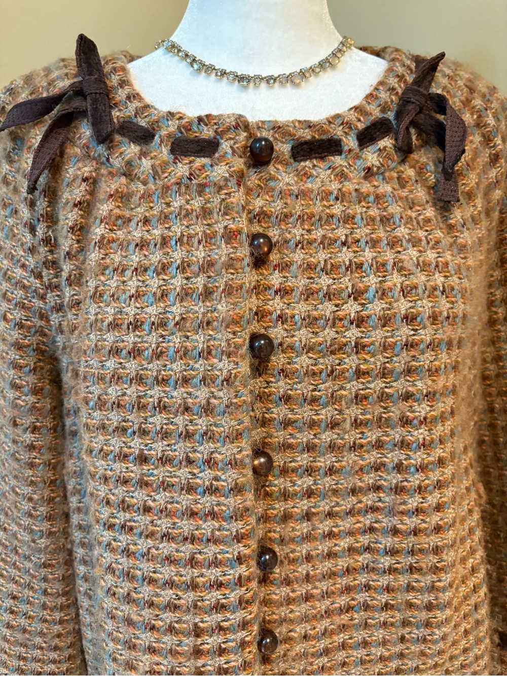 TIBI Tweed Jacket Brown Multi Ribbon Bows Purple Moonstone Buttons Size Large